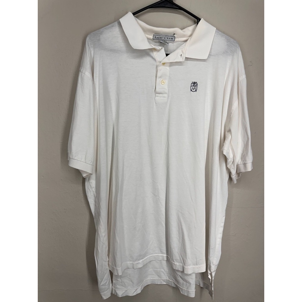 VTG Izod Club Golf Polo Shirt Mens XL White Lisle Mercerized Crest High Low Slit